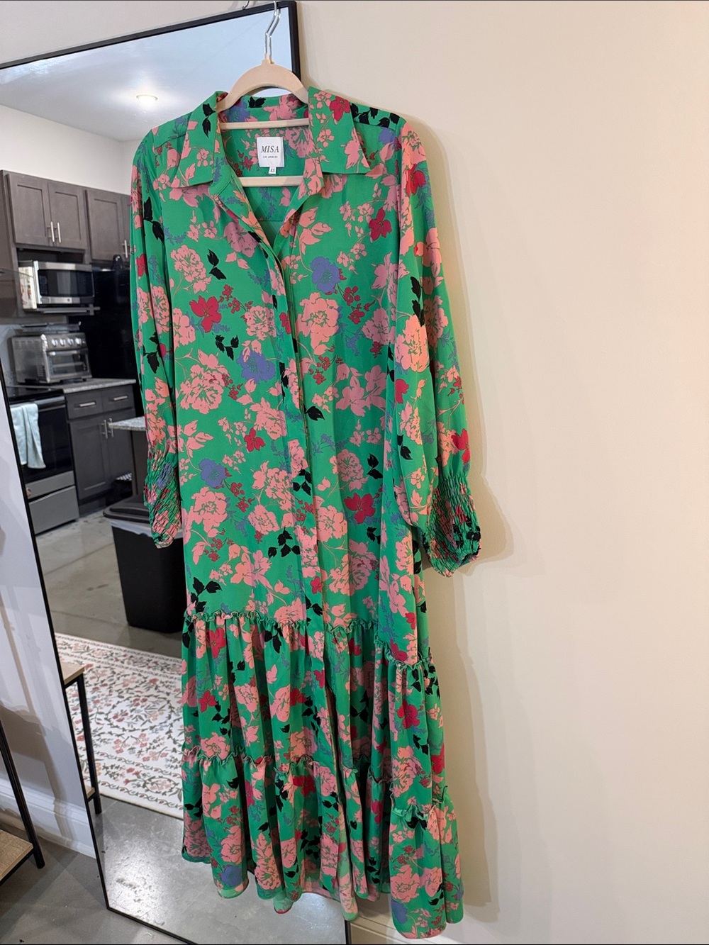 Misa Los Angeles Green Floral Tiered Midi Dress